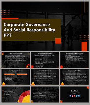 Slide deck for corporate governance and social responsibility, featuring a silhouette in an office with a brown title box.