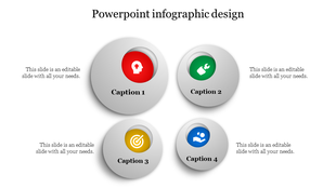Infographic design with four silver circles containing icons, arranged in a square layout with caption areas.