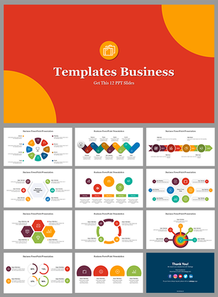 Colorful business PowerPoint slides showcasing various chart and diagram designs in different layouts and icons.