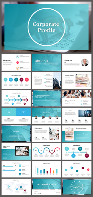 Corporate profile presentation with teal theme, photo sections, timeline, charts, icons, and business overview slides.