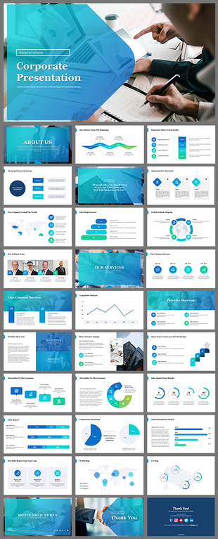 Blue and white corporate presentation slide deck showcasing data visualizations, service highlights, and global map layouts.