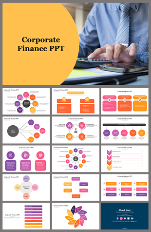 Cover slide deck for corporate finance presentation with slide previews showing infographics and layouts.
