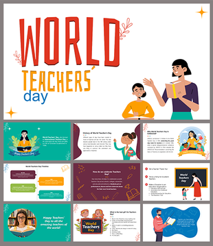 Slide deck on World teachers' day featuring colorful illustrations, the history and significance of honoring educators.