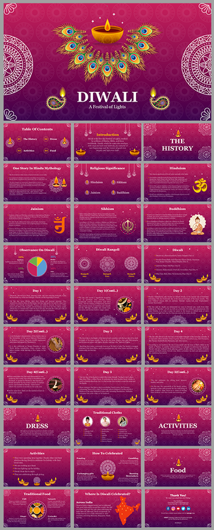 Slide deck with a rich purple background, featuring symmetrical patterns and icons related to Diwali and cultural activities.