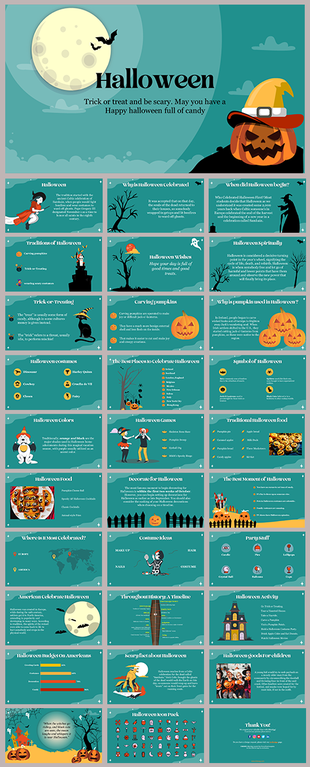 Halloween themed PPT slides with fun facts, traditions, food, and activities for a spooky celebration on a green backdrop.