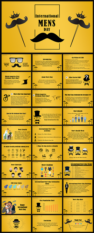 International men's day slide deck with a yellow theme, covering topics such as Men's Health and historical background.