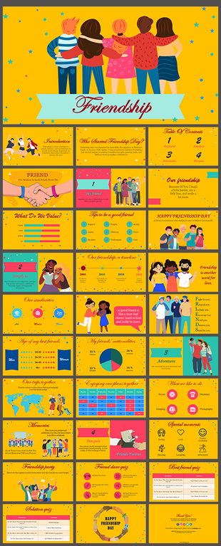 Yellow background slide pack with playful illustrations, timelines, charts, and friendship focused content.