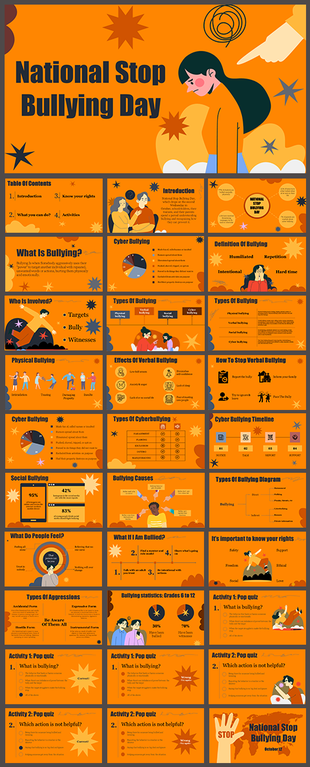 Educational slide deck on bullying awareness, featuring visuals of children and anti-bullying icons in orange and yellow.