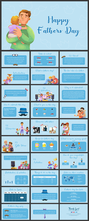 A pack of father's day slides featuring a warm illustration of a father hugging a child against a light blue background.