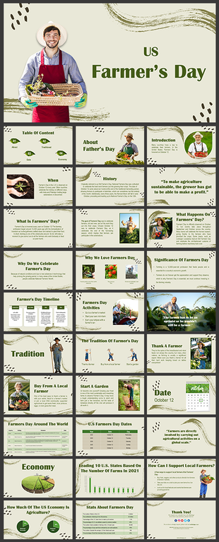 US Farmers day PowerPoint with slides covering the history, significance, and celebrations including facts and timeline.