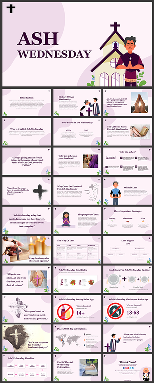 Ash Wednesday theme, slide deck including visuals of crosses, prayers, and guidelines with faith based illustrations.