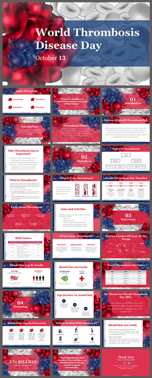 World Thrombosis disease day PPT with red and blue blood cell graphics and informational slides on thrombosis awareness.