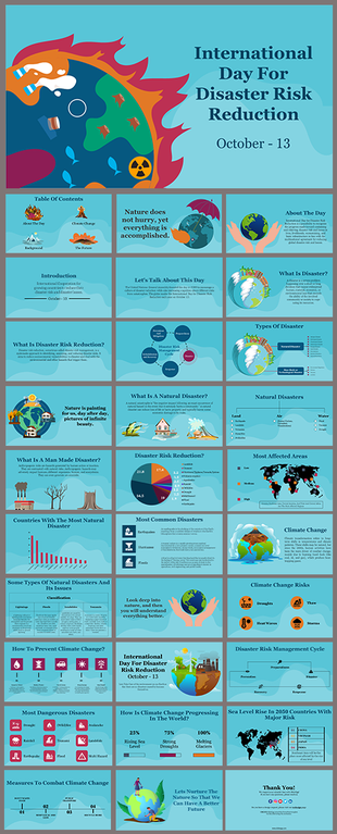 Disaster risk reduction slides covering natural hazards, climate impact, and global disaster data, on teal background.