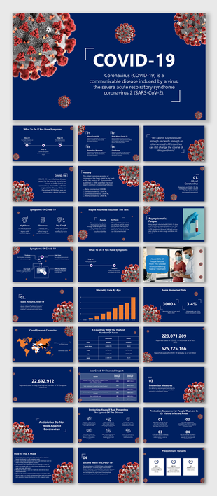 Informative COVID 19 slide deck featuring virus imagery, symptom icons, maps, charts, and blue toned health visuals.