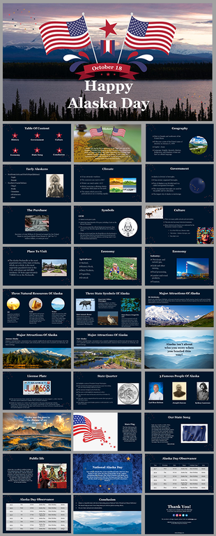 Alaska day slides with sections on history, economy, climate, and notable Alaskan figures on a dark theme.