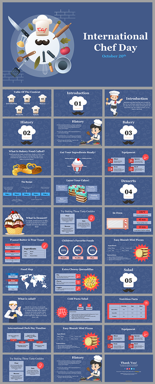 International chef day slide deck with a chef’s hat, mustache, and various kitchen utensils arranged in a circle on the left.