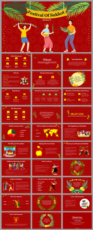 Red themed Sukkot slide deck with palm leaves, illustrated people, discussing history, traditions, and religious customs.