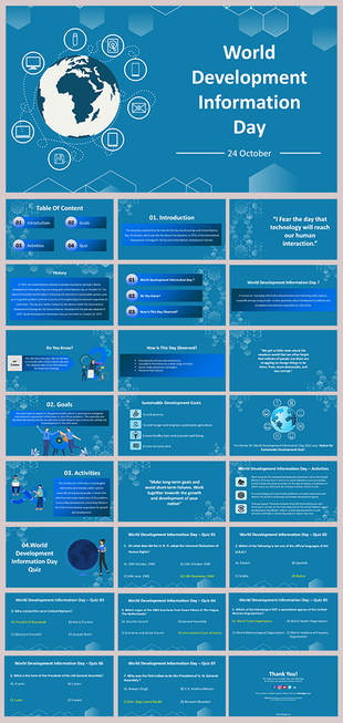 Blue themed slide deck for world development information day with various sections on goals, activities, and a quiz.
