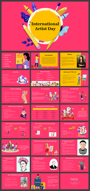 Vibrant pink slide deck for International Artist day, featuring history, types of artists, famous paintings, and key dates.