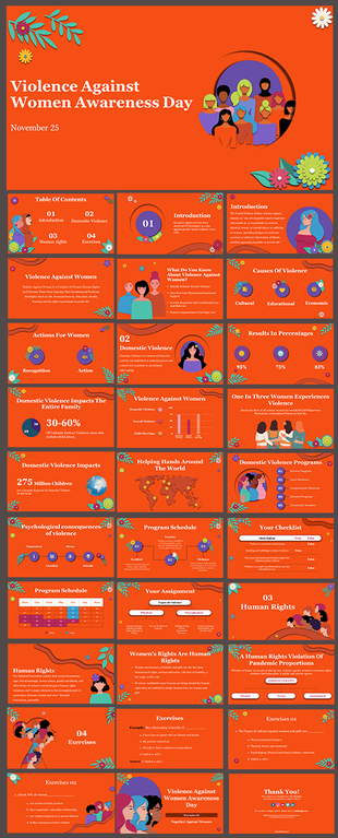 Violence against women awareness day slides highlighting key issues, causes, and actions on the orange backdrop.