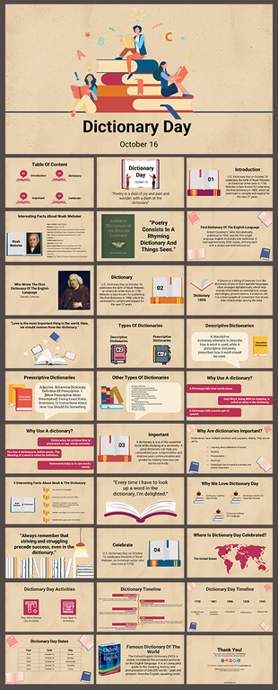 Dictionary day slides with various sections on history, types of dictionaries, and notable facts about dictionaries.