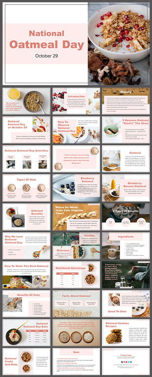 Detailed slide deck for National Oatmeal day with information on types of oats, nutritional benefits, and recipe ideas.