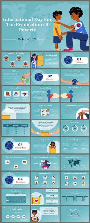 Slide deck illustrating themes around poverty eradication, featuring global statistics, icons, in blue toned background.