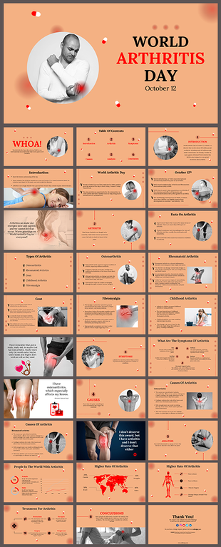 Slide deck with orange layout, discussing arthritis types, causes, symptoms, and treatment options.
