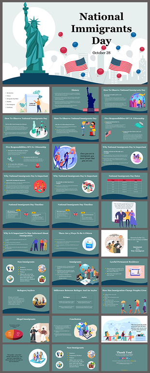 Informative slide deck for national immigrants day with sections on U.S. citizenship, history, and immigrant contributions.