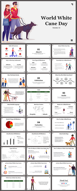World white cane day slides featuring sections on blindness, celebration, and the significance of white canes.