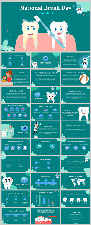 National brush day slide deck including visuals of care steps, brushing methods, dental studies, and historical insights.