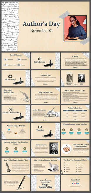 Slide deck featuring beige backgrounds with torn paper effects, pen illustrations, and circular icons with author's portrait.