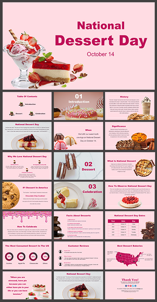 Pink themed slide deck featuring pictures of desserts like cake, pie, and ice cream, and information about the celebration.