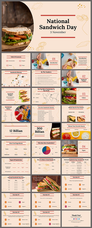 National sandwich day slide deck, featuring sections on history, types, nutritional values, and global preferences.
