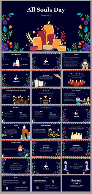 Dark themed all souls day slides with illustrations of candles, flowers, covering history, traditions, rituals, and symbols.