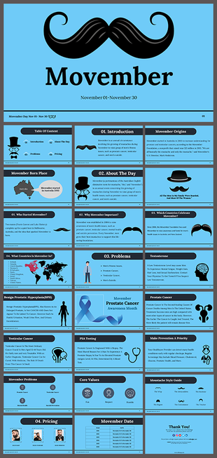 Blue and black themed slide deck featuring mustache icons, covering movember history, health issues, and awareness tips.