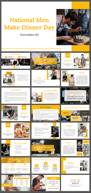 A vibrant colorful PPT slides celebrating National Men Make Dinner Day with details on history, roles, and activities.