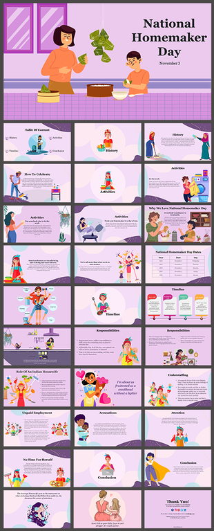 Slide deck for national homemaker day, featuring a mother and child illustration in a kitchen, with a pastel background. 