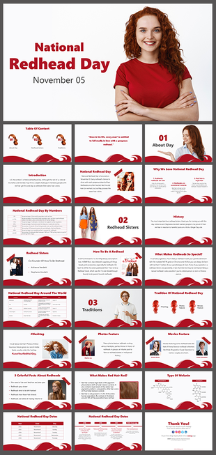 National Redhead day slides on history, fun facts, and traditions of celebrating redheads on November 5 on a red theme.