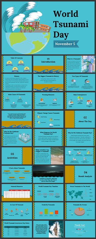 Tsunami awareness slides in a blue layout, covering causes, effects, activities, and notable history with simple icons.