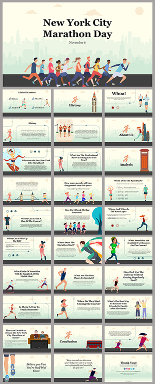 New York city marathon day slide pack, showing history, race details, amenities, and instructions for participants.