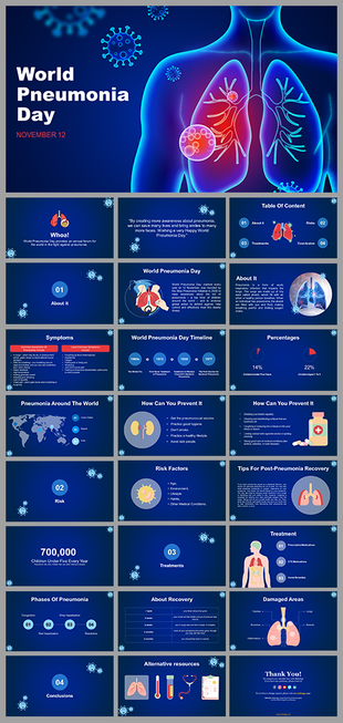 Blue themed slide deck with neon medical imagery of lungs, highlighting pneumonia symptoms, treatments, and recovery.