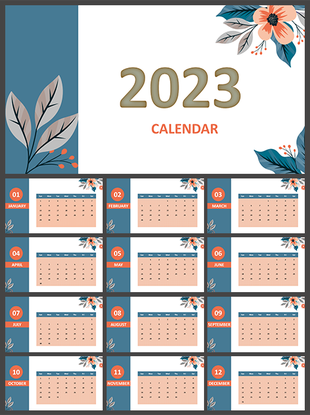 Slide featuring 2023 calendar text in the center, decorated with a floral design in the corners and a blue background strip.