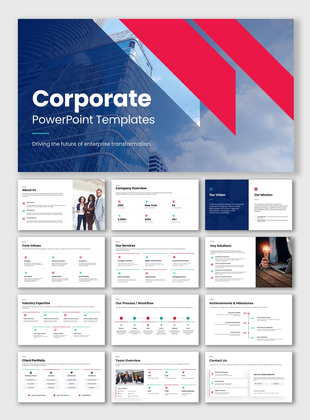 Corporate presentation with blue theme, red accents, business visuals, charts, icons, and clean editable layouts.