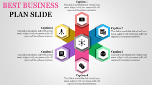 Hexagonal infographic with six colorful sections connected to a central hub for business planning.