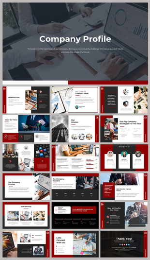 Company profile slide deck with sections for vision, mission, services, team, and timeline, featuring charts and images.