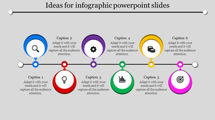 Business infographic design featuring six colored sections, each with a different icon representing concepts.