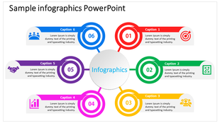 Circular infographic with six colorful segments, labeled 01 to 06, surrounding a central infographics circle.