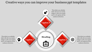 Business slide showing a central heading with a briefcase icon, surrounded by three diamond shapes.