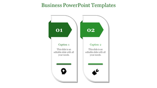 Two vertical banners numbered 01 and 02 with green arrows, editable captions, and icons representing ideas and tools.